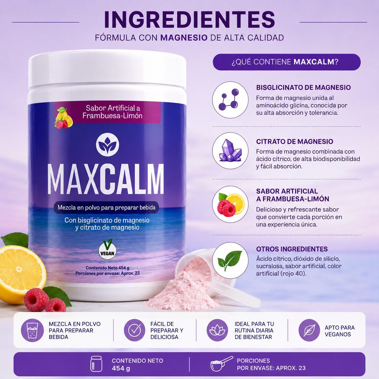 MAXCALM® – Mezcla en Polvo con Magnesio | Sabor Frambuesa-Limón